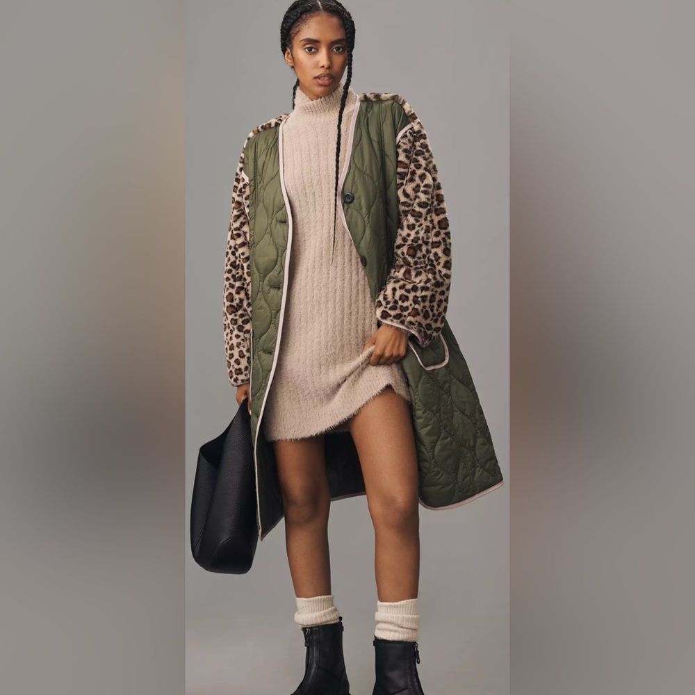Anthropologie Green and Leopard Print Puffer Coat